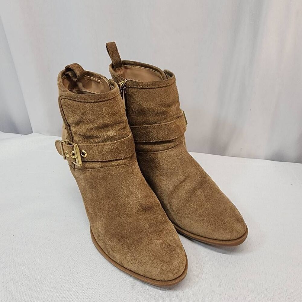Franco Sarto Size 6.5 Women's Dorinda Suede Ankle Booties Cognac Buckle block He